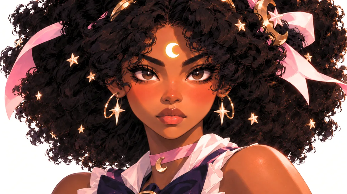 Celestial Portrait: a close-up of the heroine with stars in her afro and a crescent on her forehead